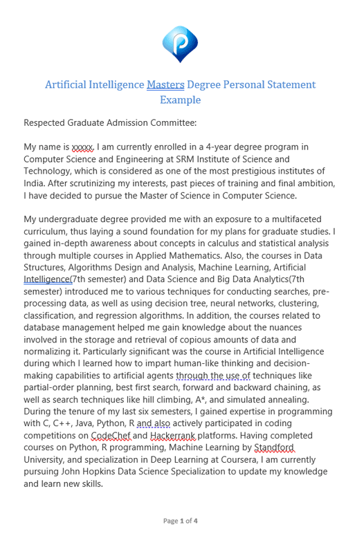 Artificial Intelligence Masters Degree Personal Statement Example - page 1