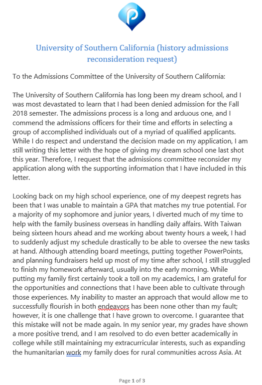 The University of Southern California (history admissions reconsideration request) - preview of the first page