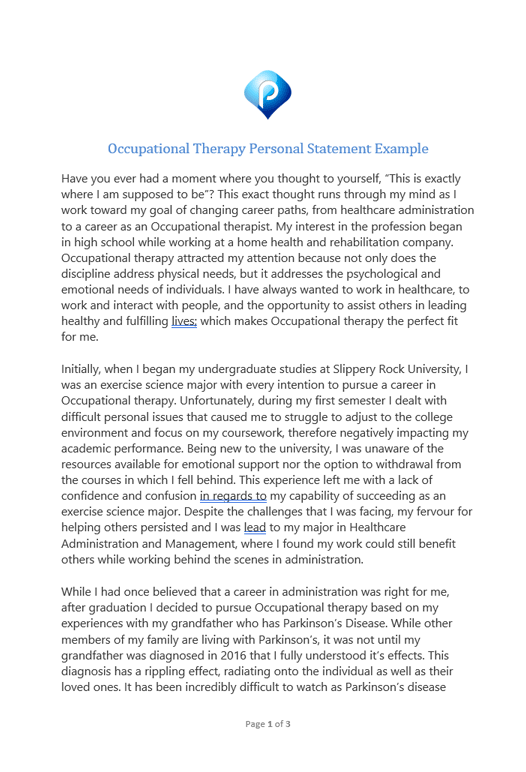 Occupational therapy personal statement example - first page preview