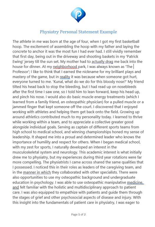 Physiatry personal statement example - page one