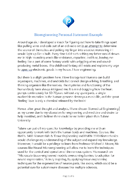 Bioengineering personal statement example