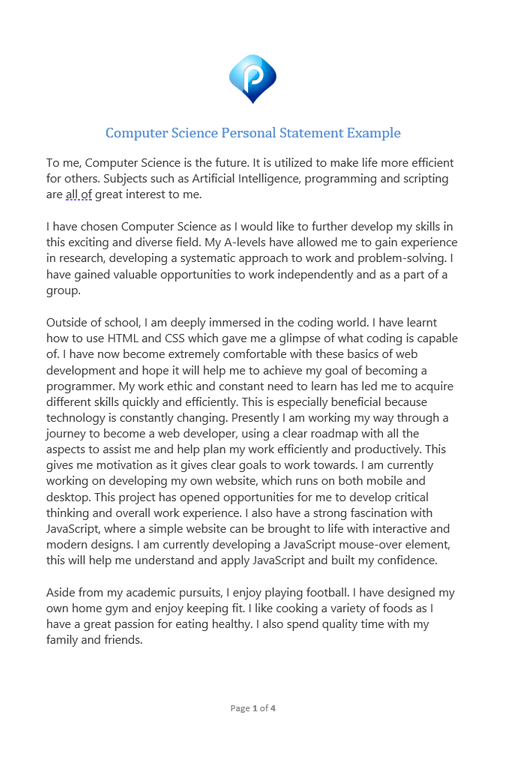 An example Computer Science Degree personal statement (page one)