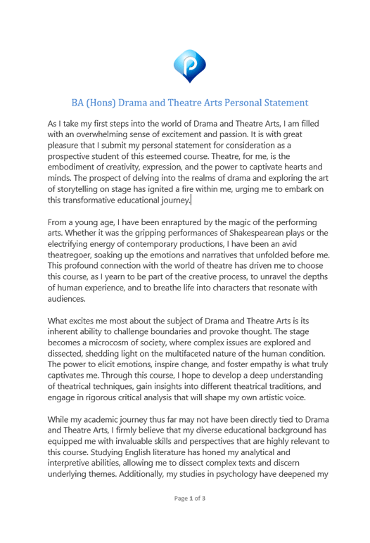 BA (Hons) Drama and Theatre Arts Personal Statement Example (Page 1)