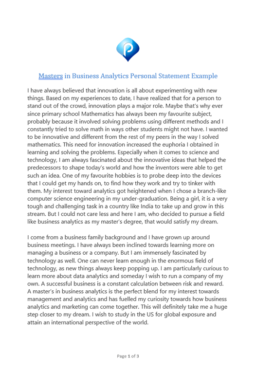 Masters in Business Analytics Personal Statement Example (page one)