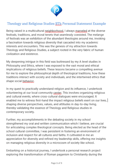 Theology and Religious Studies BTh Personal Statement Example